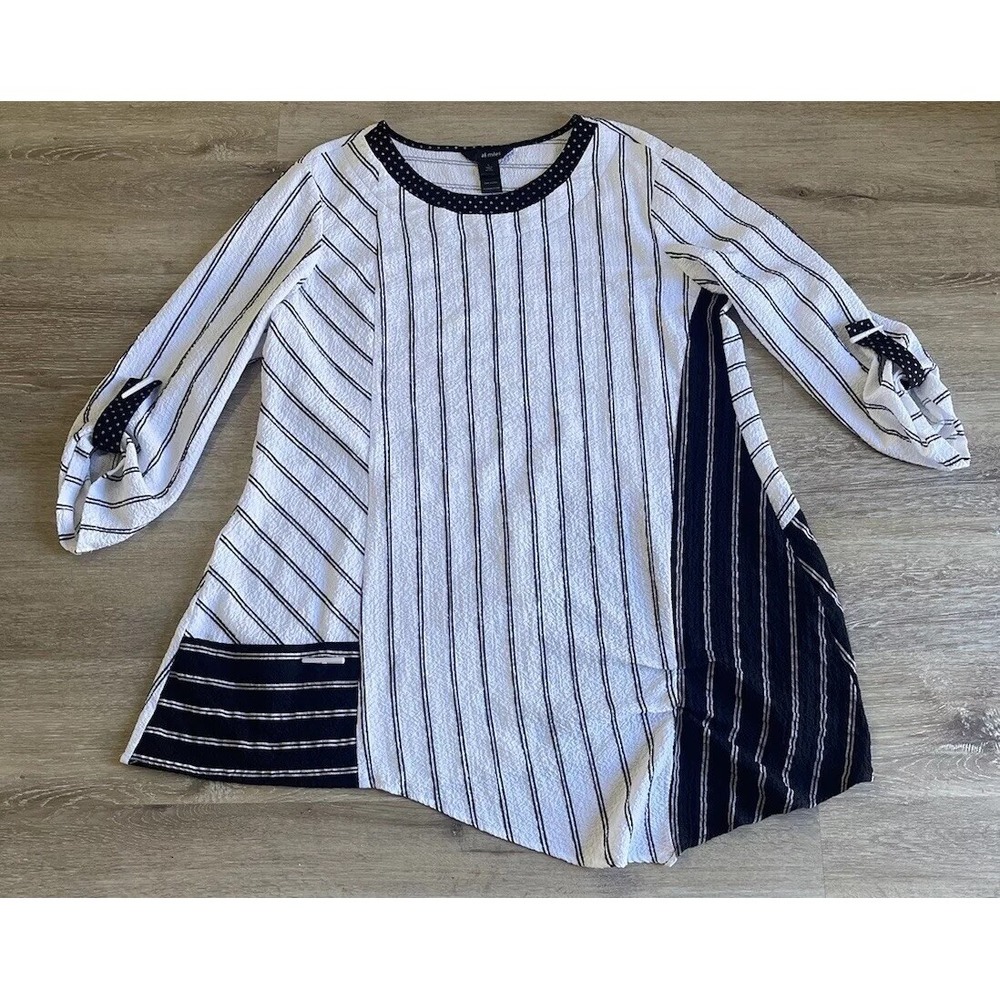 Ali Miles Women's Jacket Black White Striped Asymmetrical Tunic Size Large